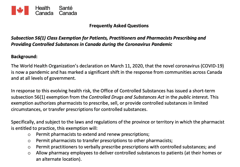 FAQ: Class Exemption for  Controlled Substances during COVID-19