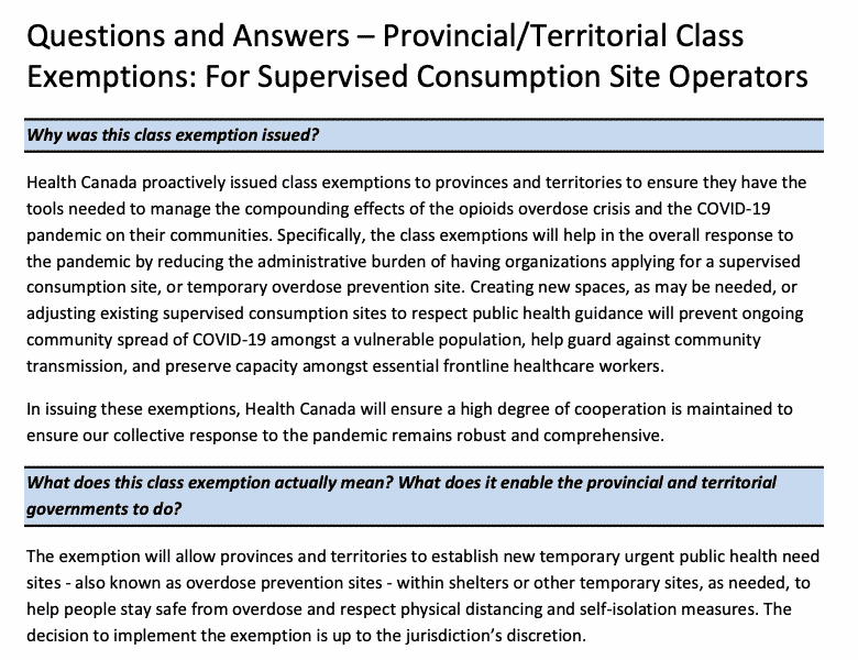 Provincial/Territorial Class Exemptions for Supervised Consumption Site Operators
